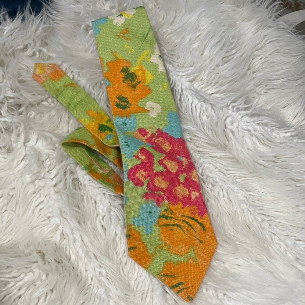 Vintage Mens Necktie Abstract Floral Print Barkcloth Bold Graphic 70s